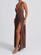 Sienna - Halter Drapeli Yırtmaçlı Maxi Elbise (Kahverengi, Beyaz, Siyah)