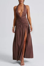 Sienna - Halter Drapeli Yırtmaçlı Maxi Elbise (Kahverengi, Beyaz, Siyah)