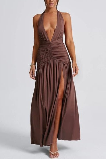 Sienna - Halter Drapeli Yırtmaçlı Maxi Elbise (Kahverengi, Beyaz, Siyah)