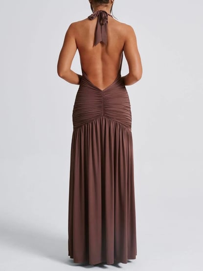 Sienna - Halter Drapeli Yırtmaçlı Maxi Elbise (Kahverengi, Beyaz, Siyah)