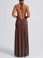 Sienna - Halter Drapeli Yırtmaçlı Maxi Elbise (Kahverengi, Beyaz, Siyah)