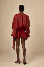 Ethereal Flow - Saten Mini Elbise – Balon Kol ve Drapeli Tasarım (Krem, Bordo)