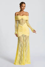 Soleil - Dantel Drapeli Maxi Elbise (Limon Sarı)
