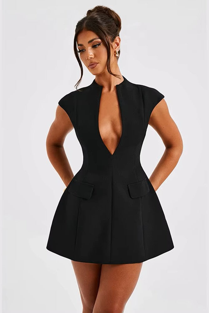 Sloan Sculpt - Derin V Yapısal Mini Elbise (Siyah)